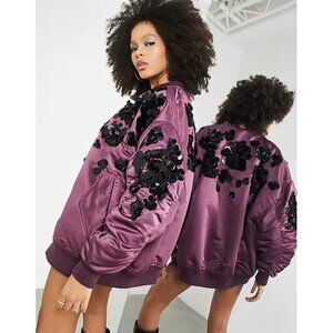 💥SHOWSTOPPER!💥3D Floral-Appliqué Oversized Bomber Jacket in Plum & Black